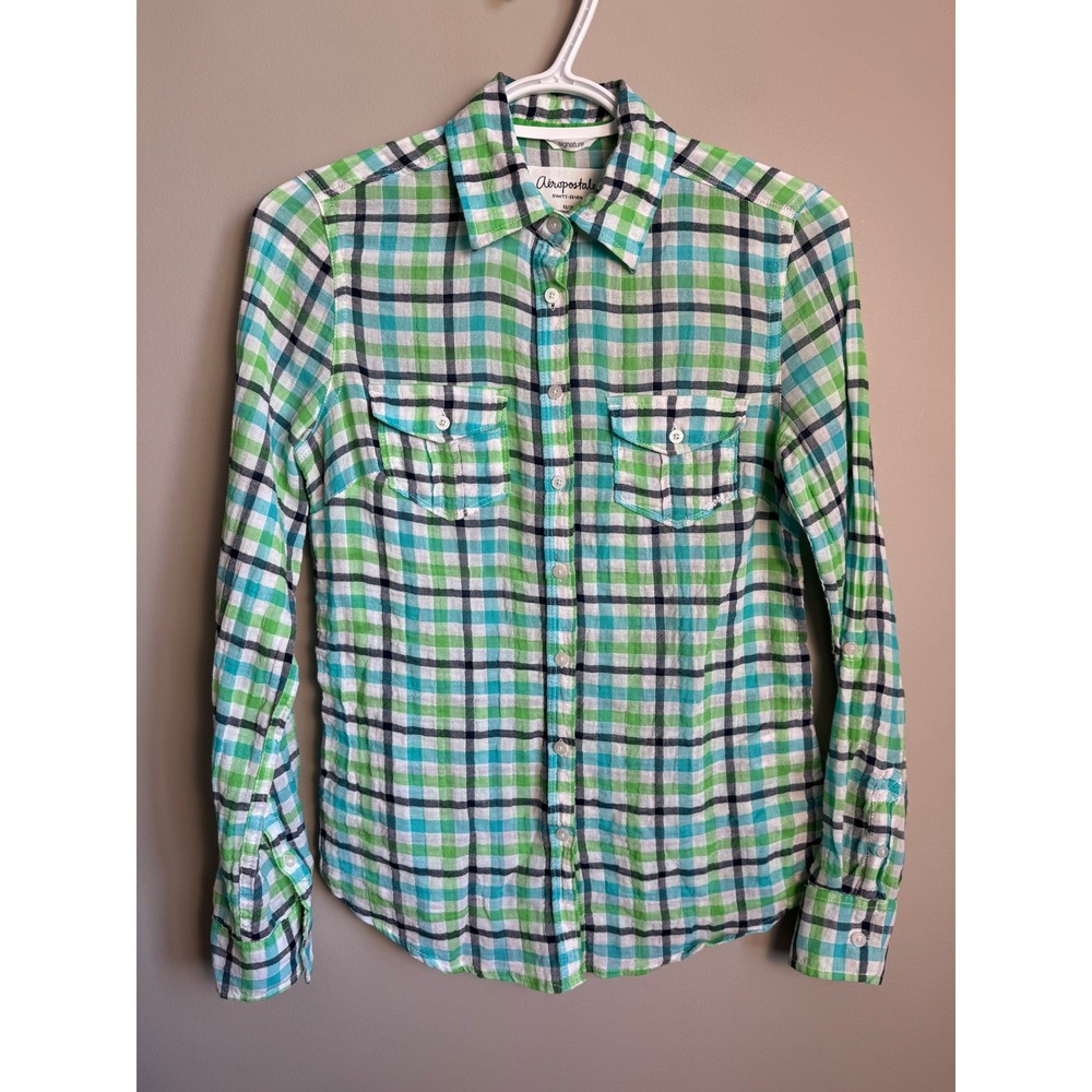 Aeropostale Plaid Button Up Shirt Green Blue Long Sleeve XS Preppy Coastal Retro